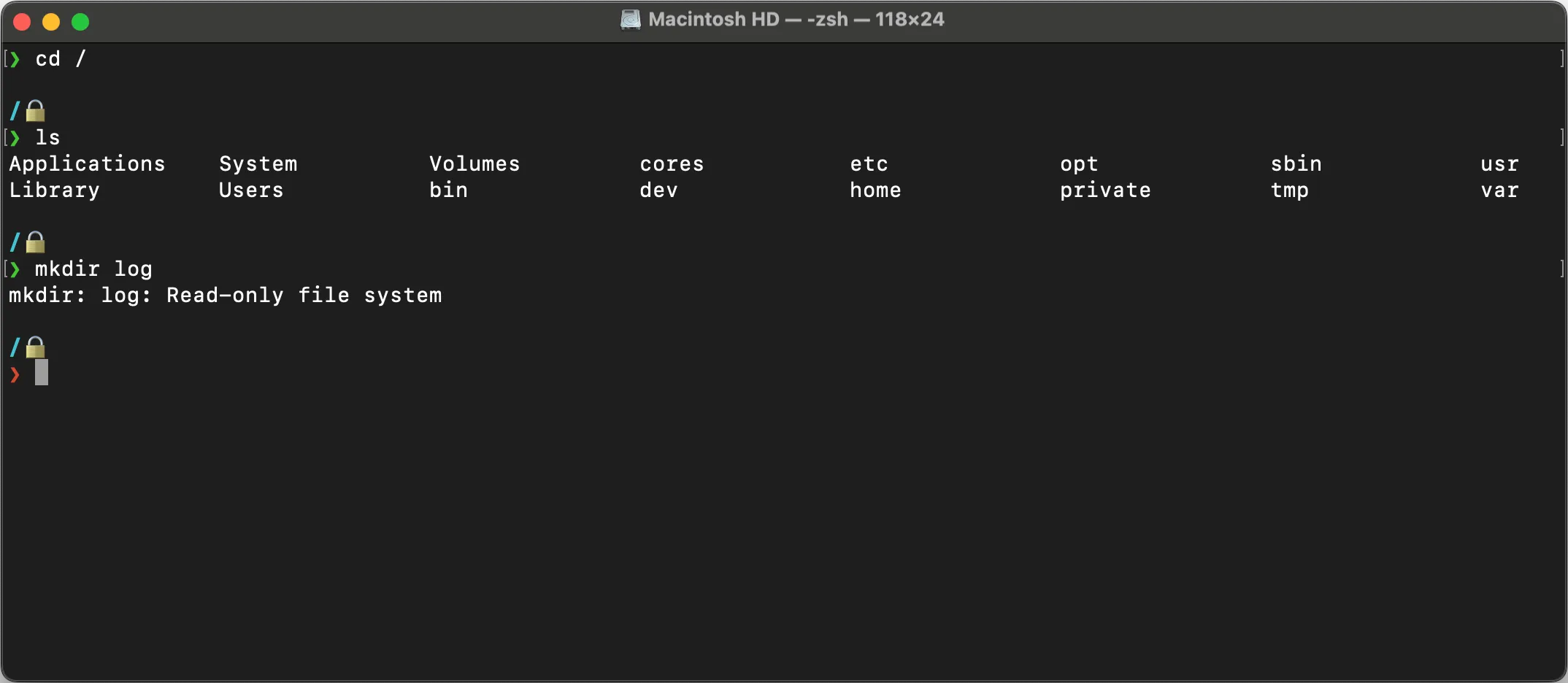 Screenshot of terminal indicating the error while creating a directory in root directory