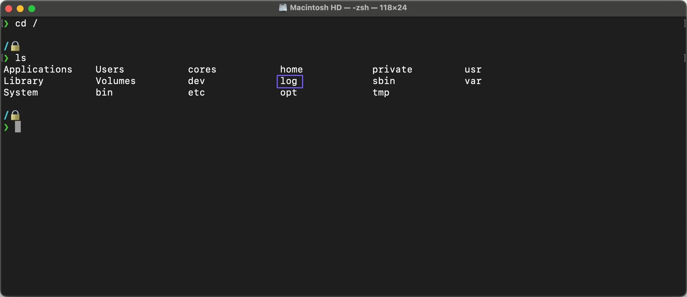 Screenshot of a Terminal showing the contents of root directory